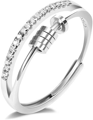 Anillo de Plata de Ley 925 Antiestres Giratorio Ajustable y Apilable - Fidget para Mujeres y Niñas