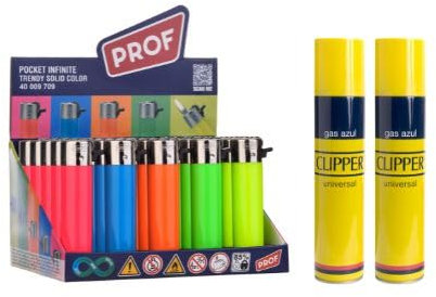 Pack 25 Uds. Mechero Encendedor Redondo Recargable con Piedra recambiable + Pack DE 2 Clipper Gas ISOBUTANO 300 ML para MECHEROS Exclusivo de DISPAU (Trendy Solid Color)