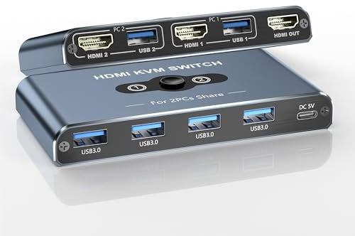 KVM Switch, KVM Switch 1 Monitors 2 Computers, HDMI Switch, 4K@60Hz KVM Switches for 2 Computers Sharing 1 Monitor, 4 USB 3.0 Devices Such as Keyboard, Mouse, Printer, Scanner (Grey)