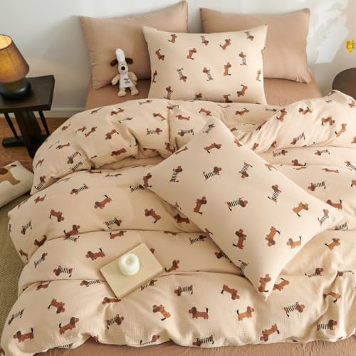 Lanqinglv Ropa de cama de muselina, 155 x 220 cm, algodón, diseño de perro salchicha, aspecto de lino, certificado Öko-Tex y 1 funda de almohada de 80 x 80 cm