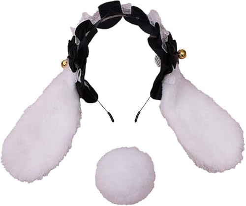 ELIHANA Mignons Bandeaux Oreilles de Lapin Set avec Queue, Serre-tête en Peluche avec Nœud en Dentelle, Serre-tête Mignons Fourrure, Accessoire de Costume pour Fêtes de Pâques, Halloween, Cosplay (H)