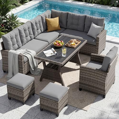UDPATIO 9 Seat Rattan Garden Furniture Set | Outdoor Weatherproof Sofa with Dining Table Extra Armchair 2 Stools | Patio Conversation Sofa | Brown