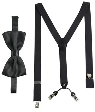 Massi Morino Juego de tirantes con pajarita Negro para hombre y mujer I Tirantes elásticos en forma de Y con pinzas extra fuertes - 3,5cm de ancho - longitud ajustable I Corbata preatada para traje