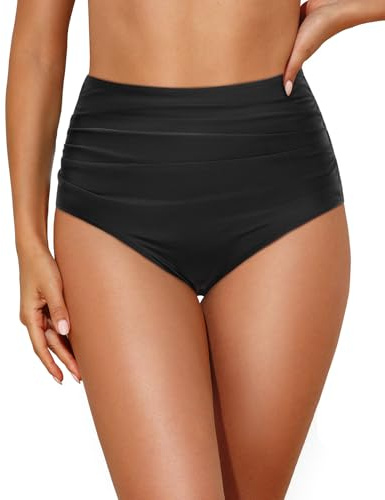 Tempt Me Women Retro High Waist Bikini Bottom Black Ruched Swim Brief Bottom L