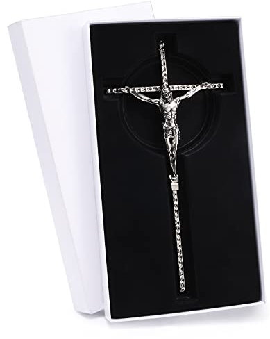 DCCXN Crocifisso da parete, Crocifisso da parete in metallo argentato cattolico con incisione personalizzata, per decorazione domestica, 25 cm