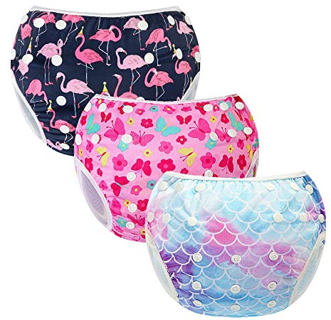 MIXIDON Pannolino da Nuoto Riutilizzabile Neonata Regolabile Costume da Nuoto, Lavabili Taglia Unica Set da Bagno Carino Costumi da Bagno da Piscina per 0-3 Anni Squame di pesce+Fenicottero