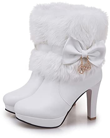 Hiver Femmes Bottes noël Bottines Talons Hauts Dames Chaussures Femme Chaud Bottes Courtes Bottes de Neige fête Mariage Chaussures Grande Taille 35-43,Blanc,43 EU