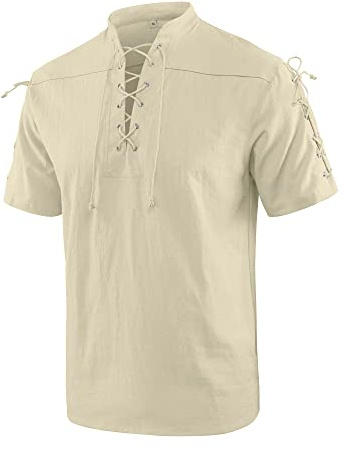 YAOBAOLE Chemise Homme Decontracte Chemise Homme Manche Courte Eté Vintage Médiévale Henley Shirt Kaki XL