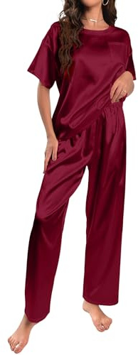 HANERDUN Pijama Mujer Verano Primavera Pijama Stitch 2 Pcs Pijama de Seda Conjunto de Satén Camisa de Manga Corta Pantalones