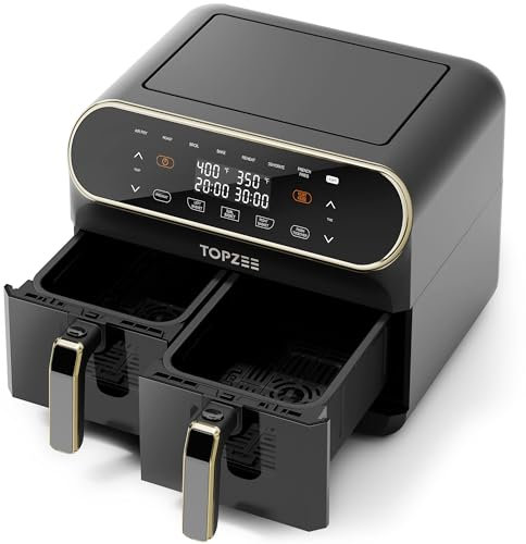 TOPZEE Große Heißluftfritteuse mit 8 QT – Heißluftfritteuse mit zwei Körben und Sichtfenstern, 2 unabhängige, spülmaschinenfeste 4-QT-Körbe mit Antihaftbeschichtung, mit goldenem Rand