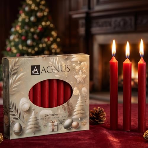 20 Red Christingle Candles 4.5 100% Natural Baumkerzen Dark Red Christingle Chime Pyramid Christmas Tree– Smokeless, Dripless, Golden Flame – Household, Dinner Stick, Kosher, Unscented, Christmas,