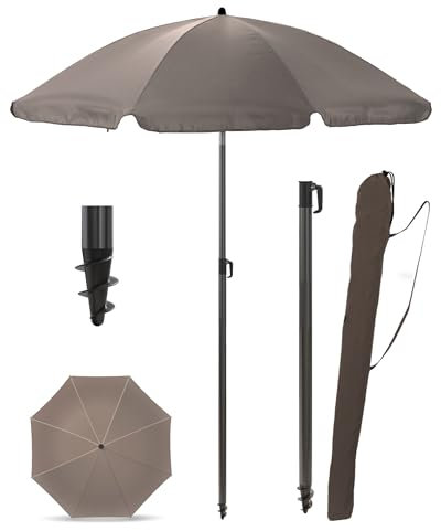 Menz Sonnenschirm Balkon + Sonnenschirmhülle - UV50+ Strandschirm 180 cm, Balkonschirm mit Knickfunktion, Gartenschirm, Sonnenschirm Strand - Fb. Taupe