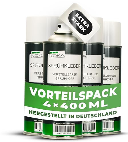 KOKA Sprühkleber 400 ml, 4er Set (4 x 400 ml) - hitzebeständiges Klebespray für Dachhimmel, Filz, Leder, Schaumstoff & Kunststoff – starke Haftung, schnelle Trocknung, wasserfest & benzinfest
