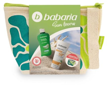 Babaria - Trousse Solaire Protecteur 50 Anti-taches Format Voyage et Après-soleil | Crème Solaire Visage 50+ | Respectueux des Coraux et Biodégradable | Hydratation | Résistant à l'Eau | Végan.