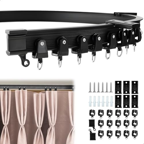 Riel Cortina Techo Flexible, Binario Tenda Soffitto con Ruedas Silenciosas, Curvado, Ideal para Ventanas De Ducha, Separadores de Habitaciones, Privacidad Y Decoración Del Hogar, 2M Negro
