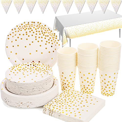 Duocute Bianco Oro Stoviglie per Feste 99 Pezzi Festa Decorazioni Set Include Piatti di Carta Tovaglioli Tazze Tovaglia Banner, per Compleanni, Anniversari, Matrimoni, Capodanno-24 Ospiti