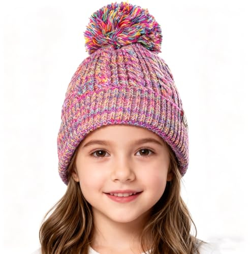 Kids Winter Hat with Pom Pom, Toddler Beanie with Warm Fleece Lined, Cute Girls Snow Cap in Multicolor (7-12 Years)