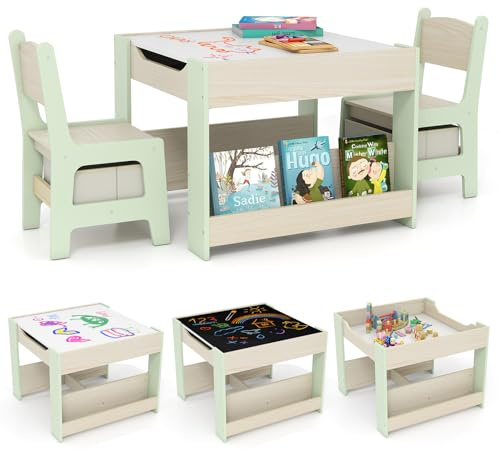 COSTWAY Tavolino Bambini 4 in 1, Set Tavolo e 2 Sedie con Lavagna Rimovibile, Librerie e Scatola in Tessuto, Mobile Salvaspazio per Scuola, Asilo e Cameretta per 3+ Anni (Verde)
