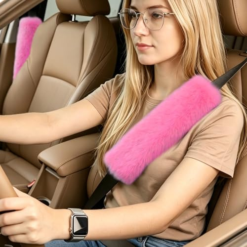 COFIT Plush Car Seat Belt Covers Pink, Soft Fluffy Seatbelt Shoulder Pads, Universal Vehicle Strap Cushion Protector, Car Accessories for SUV Truck, 2 Pack