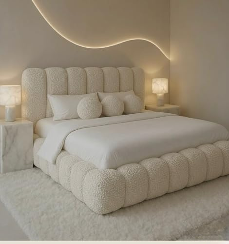 HDBEDS Luxury Cloud Bed Frame, With Slatted Ottoman Gas Lift Storage, Single, Small Double, Double, King, Super king size (Ivory Teddy, King (U.K. Standard))