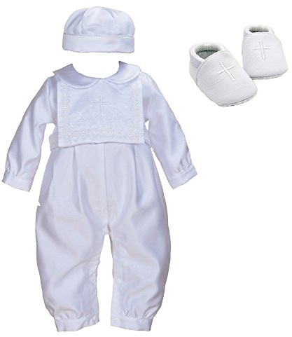Cinda 3 Piece Boys Satin Christening Romper Hat Bib and Shoes, White, 3-6 Months