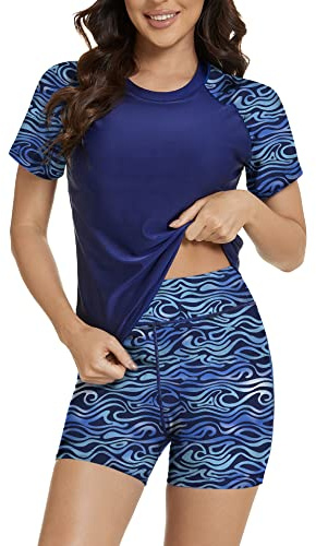 Bonneuitbebe Women's 2 Piece Rash Guard Short Sleeve UPF 50+ Swim Shirt Built in Bra Bathing Suit with Boyshorts Bottoms