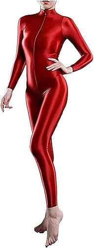 Yaaapiy Woman's Shiny Bodystocking Lingerie Skin Tight Elastic High Neck Long Sleeve Zipper Crotch Bodysuit Catsuit Daily (Red)