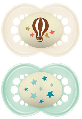 MAM Original Glow-in-the-Dark Dummies, 18-36M, 2 Pack, Orthodontic Design | SkinSoft Silicone Teat, Comes in Dummy Steriliser Box, Sustainable Materials, Baby Accessories, Green/Linen (Designs Vary)