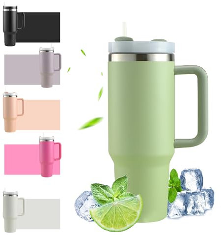 HLDGCX 40oz Thermobecher mit Strohhalm und Henkel, 1200ml Kaffeebecher To Go, Doppelwandiger Edelstahl Vakuum Isolierbecher mit Deckel, Tragbarer Autobecher für Heißer & Kalter Getränke - Grün