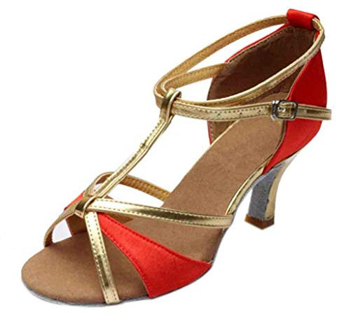 TDEOK Women's Pumps, Strappy Pumps, Comfortable Buckle Pumps, Sandals with Cross, Ankle Strap, Block Heel, Closed Lace, Glitter Pumps - Perfect for Weddings and Parties, red, 4 UK