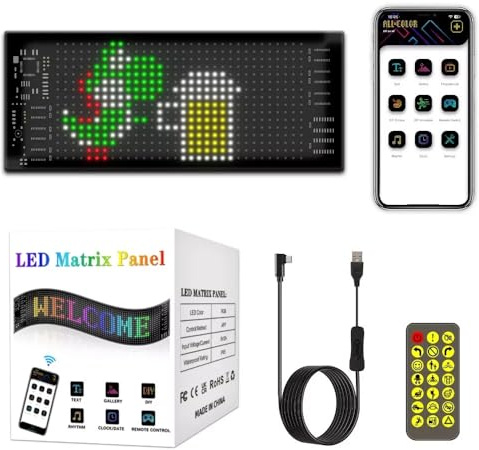Pantalla LED Flexible Personalizable RGB 17x7cm, Pixel Art Digital Programable, Letrero USB, Rótulo Control por Bluetooth Móvil App para Publicidad Comercio, Coche, Decoración Casa... (16x32 píxels)