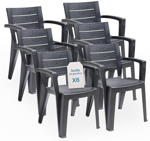 Tomaino - Lot de 6 chaises de jardin en plastique maya - empilables avec accoudoirs et dossier à lattes - Chaise de jardin pour extérieur, terrasse ou bar - Noir