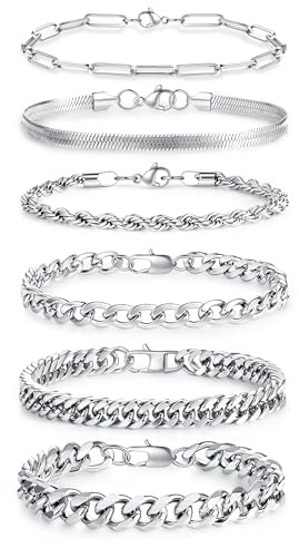 MAIBAOTA 6PCS Mens Cuban Chain Bracelets 2026 Fathers Gifts for Husband Dad Stainless Steel Silver Bracelet Jewellery Set Gift for Men 21 cm (8)