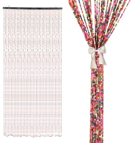 90x195cm Beaded Door Curtain, 41 Strands Retro Wooden Beads Curtains For Doorways, Room Partition, Fly Screens, Colorful Hanging Bead Doors Windows Rooms Curtain for Living Room Bedroom Dividers