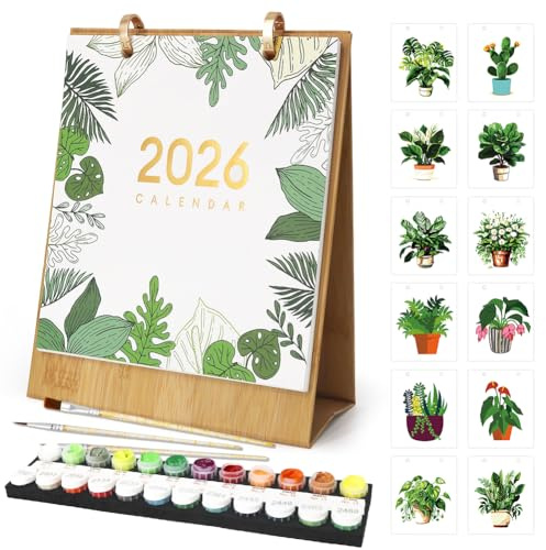 Calendrier 3D 2026, peinture par numéros, calendrier de table DIY avec 12 plantes florales, avec pinceau, idéal pour la décoration/cadeaux (plantes vertes)