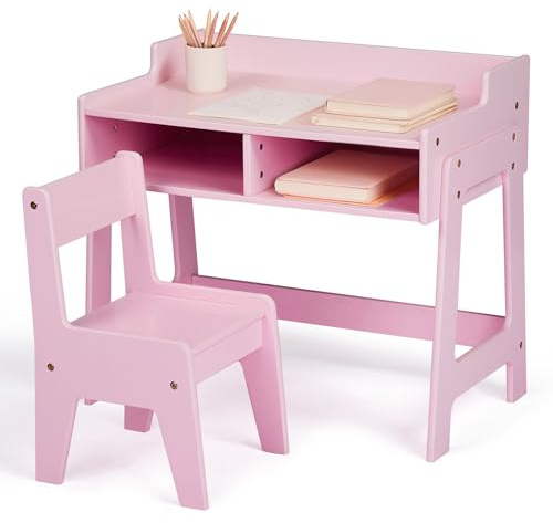 Bonnlo Toddlers Table and Chair Set, Wooden Children Study Table with Storage Space, Toddler Activity Furniture for Learning Drawing, 60.5x41.5x50cm, Pink(Ages 2-8 Years)