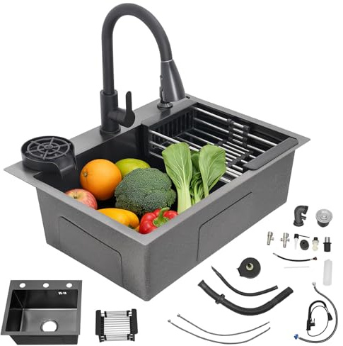 Fregadero negro 50x45 cm, fregadero de cocina de acero inoxidable, lavabo de cocina con grifo extraíble, dispensador de jabón, fregadero de cocina pequeño de acero inoxidable, fregadero empotrado incl