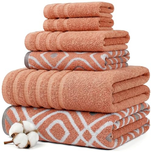 Modern Threads 6-Piece Yarn Dyed Oxford Stripe Jacquard/Solid Ultra Soft 550GSM 100% Combed Cotton Towel Set 6 Toallas teñidas de Hilo Coral, Algodón, Sencillo, 40.6 x 25.4 x 12.7 cm, 6