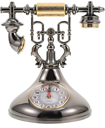 Homoyoyo Retro Telephone Decor Whisper Phones Vintage Telephone Model Antique Style Rotary Dial Button Desk Telephone Clock Desktop Ornament Home Decoration Silver Black Word Clock
