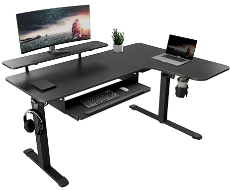 EUREKA ERGONOMIC Höhenverstellbarer Schreibtisch 155x110 cm Großer Eckschreibtisch Höhenverstellbar Schreibtisch Höhenverstellbar Elektrisch L Form mit Tastaturablage, LED Monitorständer