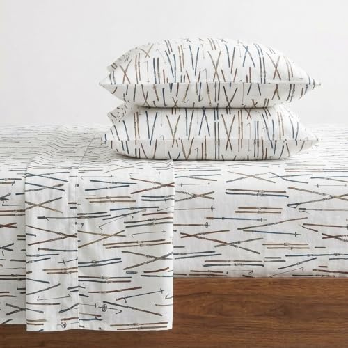 Eddie Bauer - Sábanas de tamaño King, Juego de Cama de Franela de algodón, Cepillado para Mayor suavidad, acogedora decoración para el hogar (Ski Line White, King)
