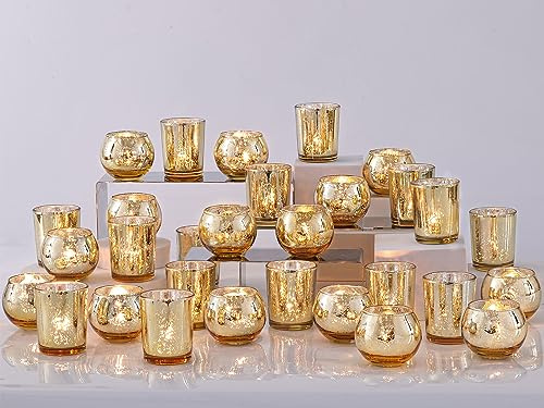 DEVI 48PCS Assorted Gold Votive Candle Holders Bluk, Gold Wedding Decorations, Mercury Glass Candle Holder for Tea Lights, Christmas Party Diwali Centerpieces for Table, Wedding Party Supplies