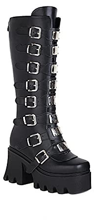 JIFAENY Damen Punk Goth Plattform Stiefel Gothic Keil Chunky Ins Motorrad Mid-Calf Combat Knie High Zipper Stiefel-schwarz matt-43