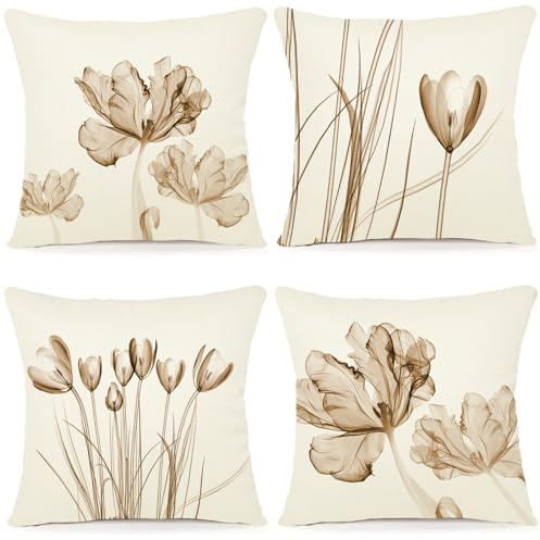 ZWJD Fodera per Cuscino Decorativa in Lino 45x45 Set di 4 Fodere per Cuscini Floreale Pittura ad Acquerello Fodere per Cuscini per Divano Camera da Letto Divano Cuscino per Esterno 45x45cm A248-18