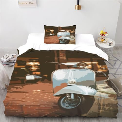 flapperons Vespa bei Nacht Bettbezug Bettwäsche Set 3D Druck Bettbezug weiche Mikrofaser Geschenke für Festivals Bettbezug mit 2 Kissenbezügen Einzelbett (135 x 200 cm)