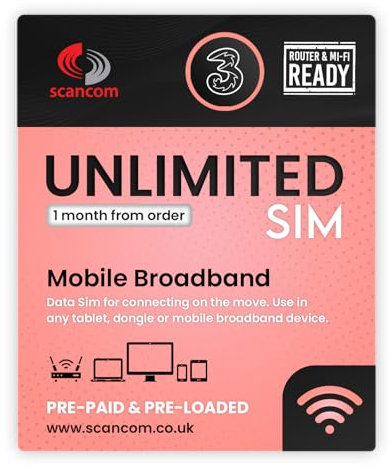 Three Unlimited Data SIM - Uncapped 5G Speeds - Preloaded for 1 month from Order - Plug & Play for Routers & Phones - Access to Three & Vodafone - Connects to the Strongest Signal available