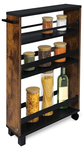 bomoe Nischenregal 15cm breit – Küchenwagen Küchenregal Schmal – Rollwagen Schmal 3 Fächer & Arbeitsplatte – Nischenschrank Küche Bad Büro – Bathroom Cart Nischenwagen Braun Schwarz 79x50 cm – Hylla