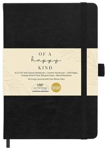 Lined Leather Bound Journal Notebook, A5 Hardcover - Black 5.8x8.3 - Thick 300 Pages College Ruled Paper Journals for Men and Women - Personal and Professional Note Book for Writing & Journaling