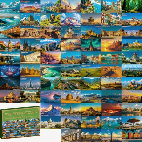 WAKLYVER 70 Illustrated Around the World Landmark Postcards – Retro Travel Poster Style 4×6 Postcard Set for Wall Display, Mailing, Collecting, and Gifting