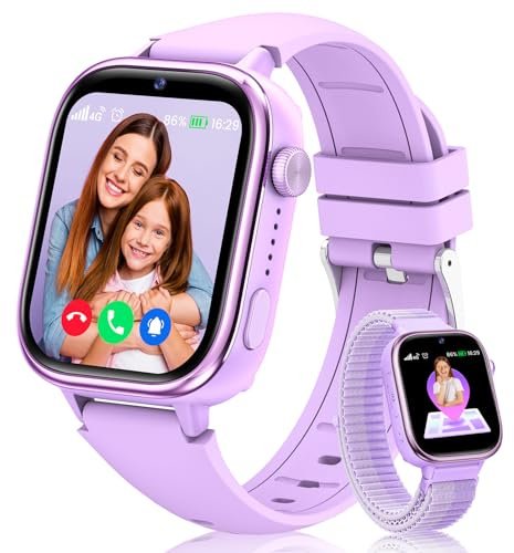 Oliimptek 4G Reloj Inteligente Niño, Smartwatch Niños con GPS y Llamadas, Videollamadas, Chat de Voz, SOS, Modo Escuela, Podómetro, Despertador, Juegos, Reloj Inteligente Regalo Niñas y Niños, Púrpura